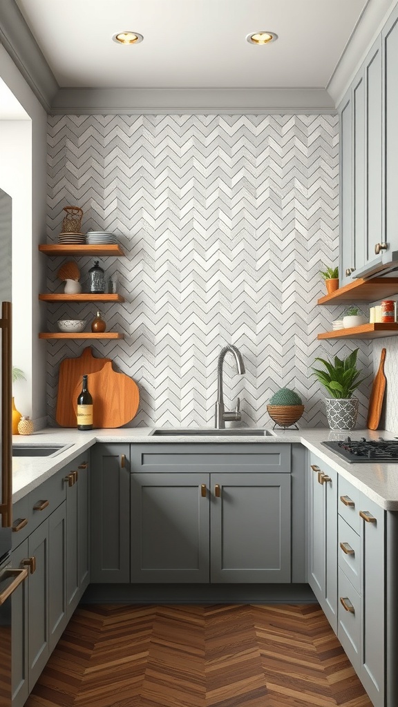 A kitchen featuring a herringbone tile backsplash with gray cabinets and wooden shelves.