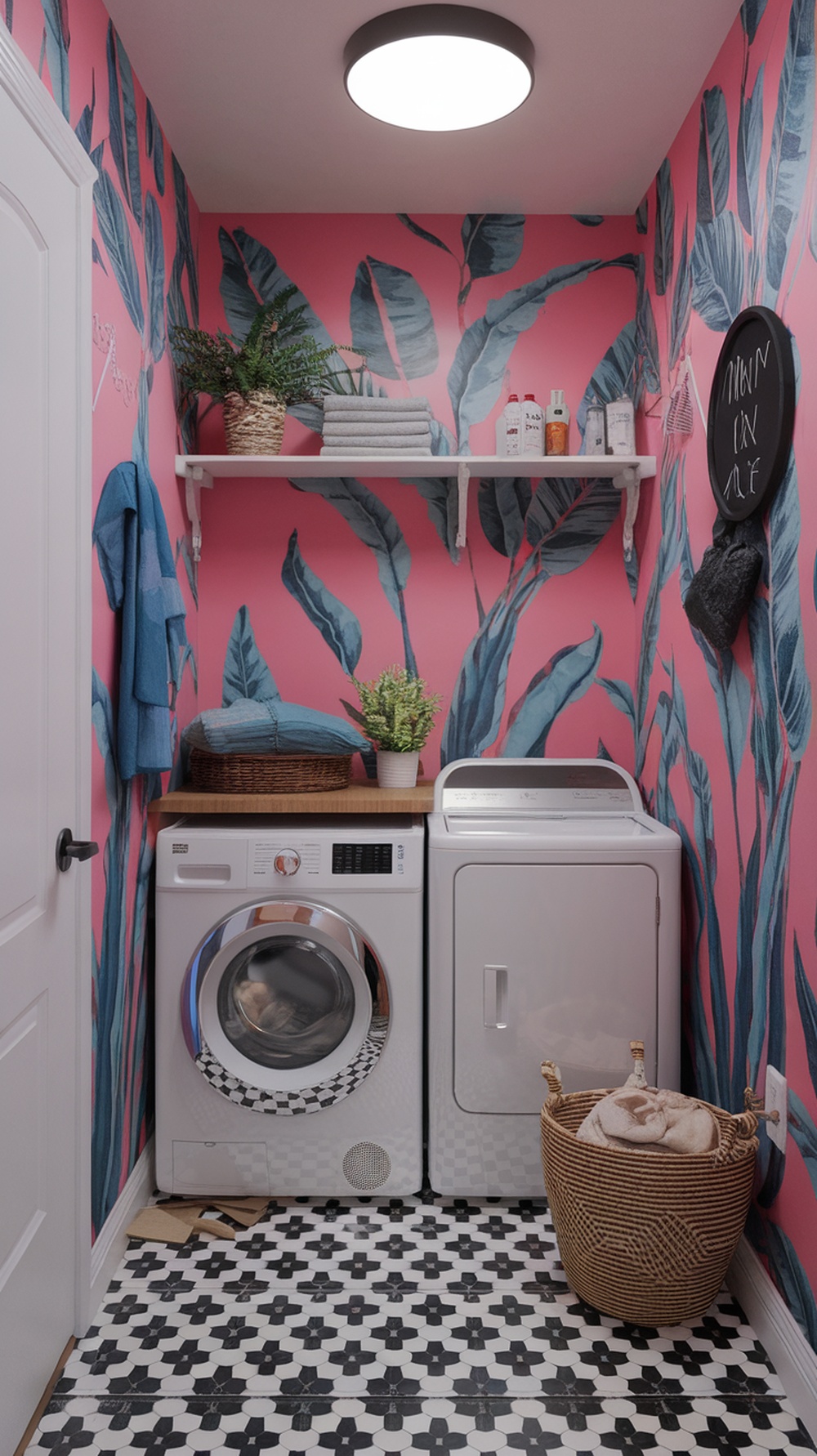A narrow laundry room featuring a vibrant pink accent wall with tropical leaves, a washer and dryer, and decorative elements.