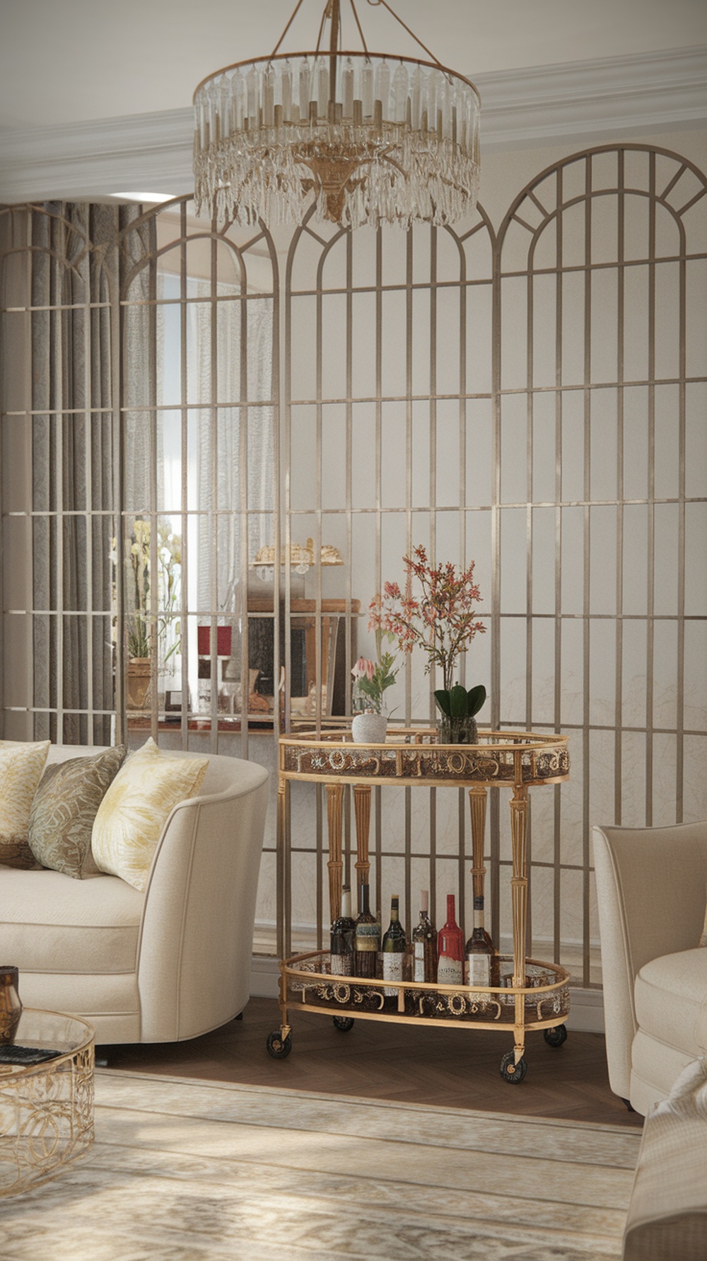 A stylish bar cart in a living room with a decorative partition, featuring drinks and flowers.
