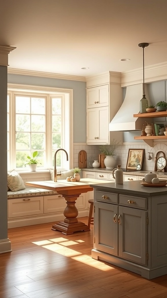 A cozy kitchen featuring a small island dining table and a built-in bench by the window.