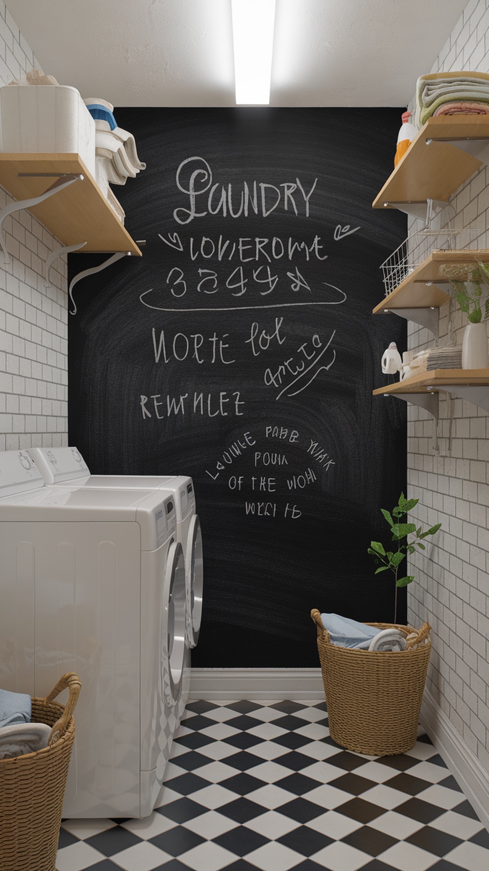 A small laundry room featuring a chalkboard wall with handwritten notes and a modern washing machine.