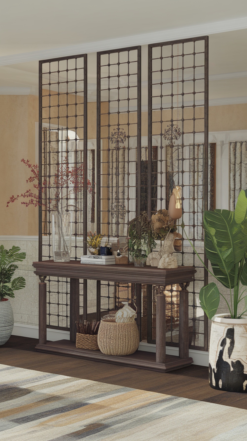 A stylish console table acting as a partition in a living room, adorned with decorative items and plants.