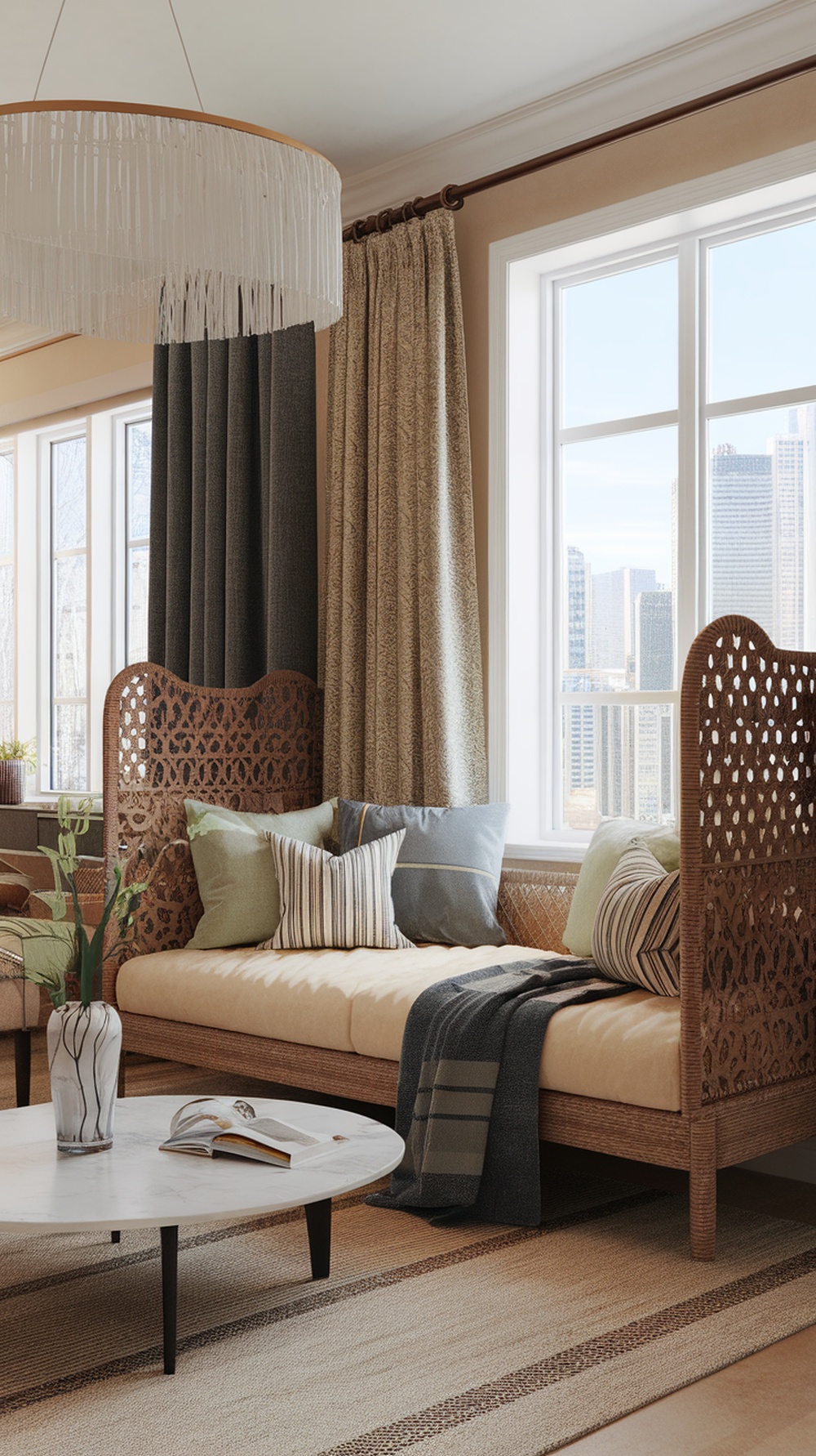 A stylish daybed with decorative cushions, a round coffee table, and elegant curtains in a bright living room.