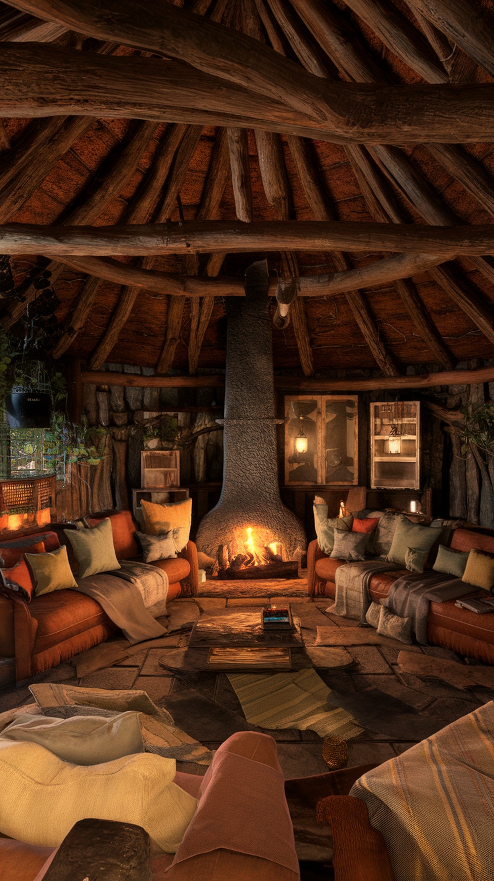 Cozy living room with a central fireplace and rustic decor