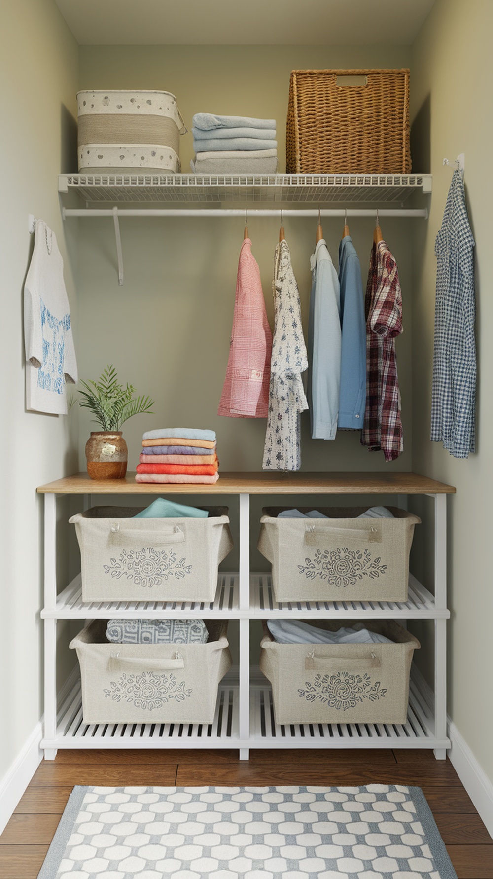 A small laundry room with a folding station, featuring neatly stacked towels and organized baskets.