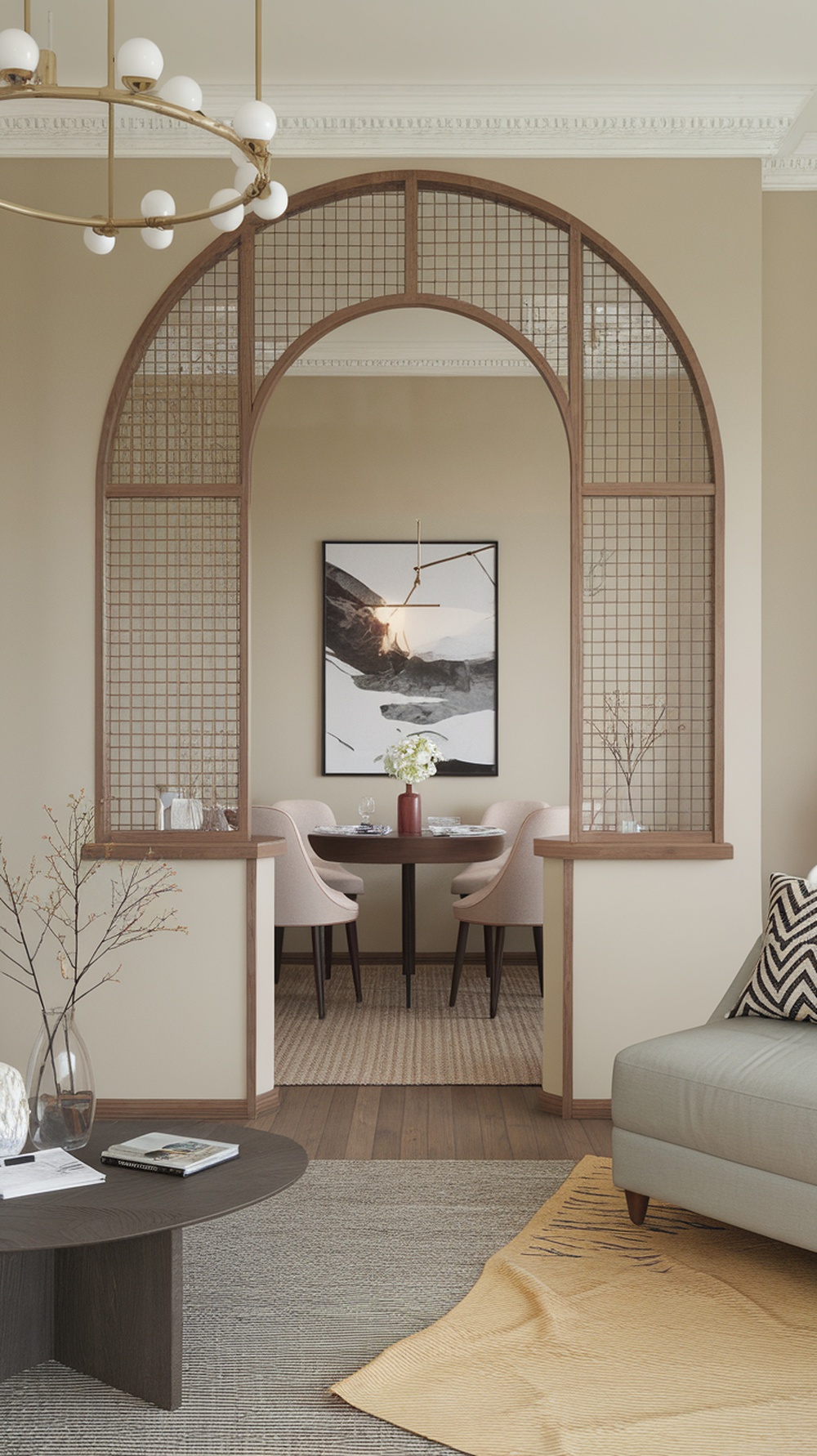 A stylish half wall partition between a living room and dining area, featuring an arched design and grid pattern.