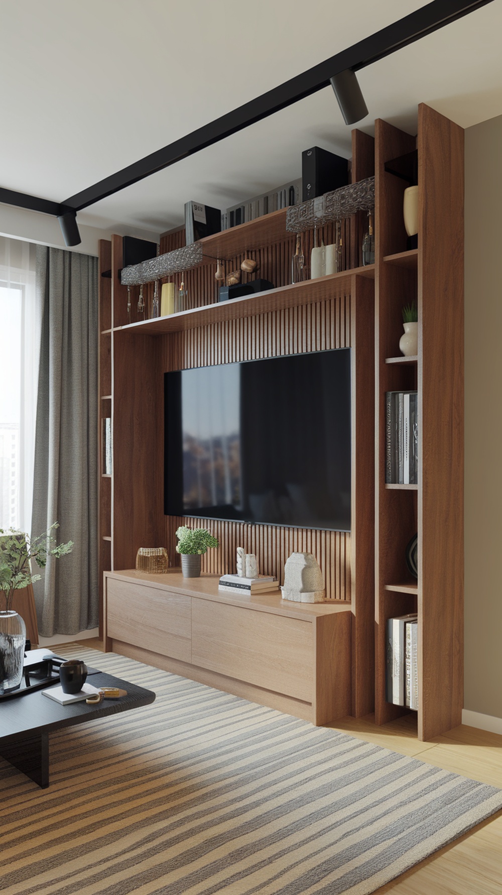 A modern media center with a large TV, wooden shelves, and decorative items.
