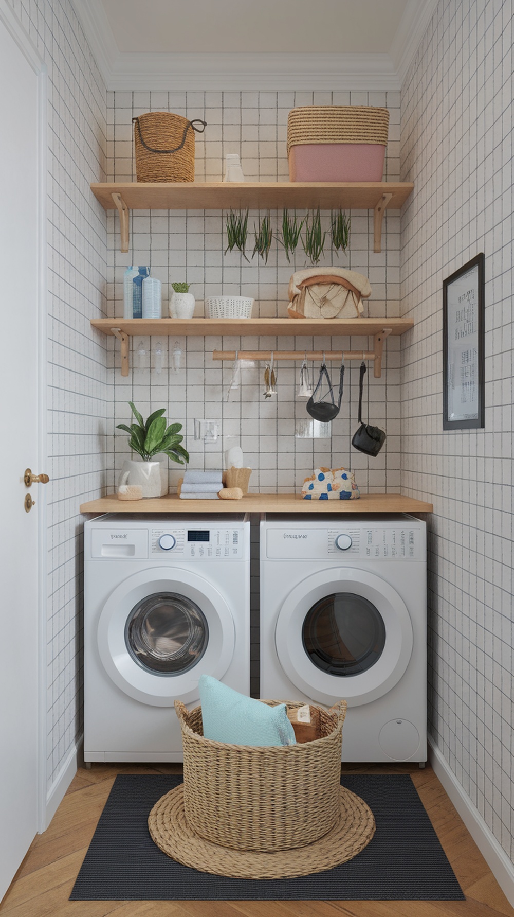 A small laundry room with two washing machines, wooden shelves, and decorative items.