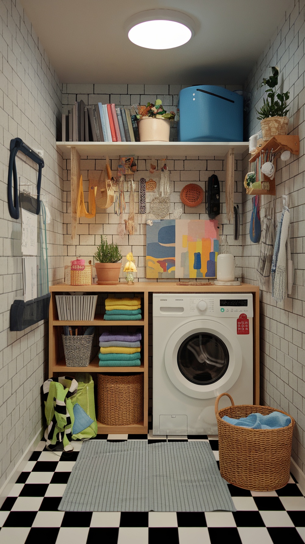 A small laundry room with organized shelves, a washing machine, and a cozy atmosphere.