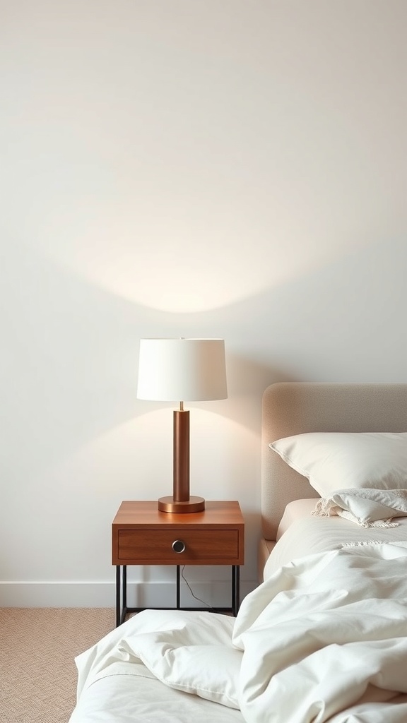 A cozy minimalist bedroom featuring a stylish lamp on a nightstand.