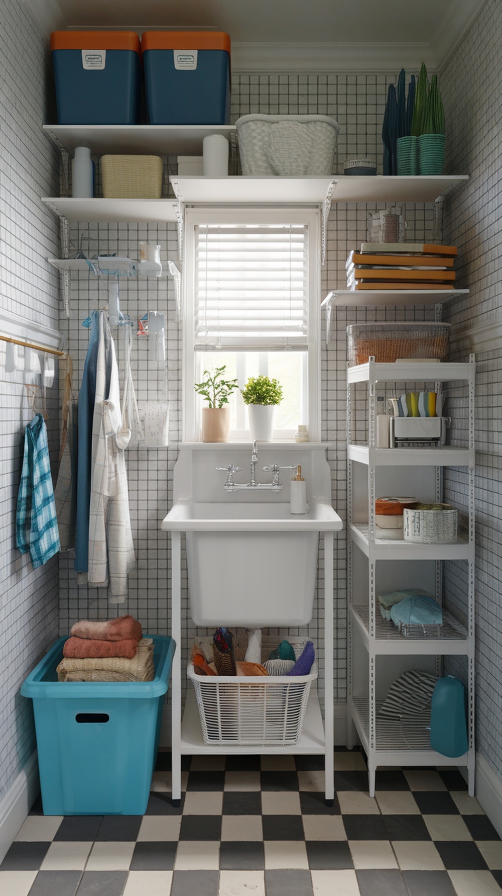 A small laundry room featuring a white utility sink, shelves with storage, and a clean, organized layout.