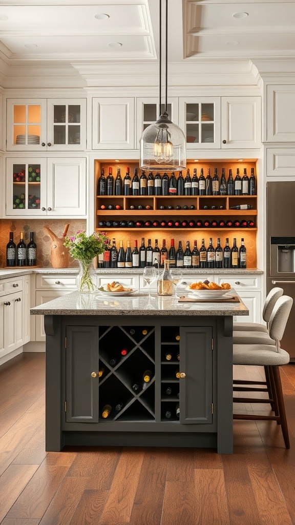 A modern kitchen island with a built-in wine rack, featuring a granite countertop and stylish decor.