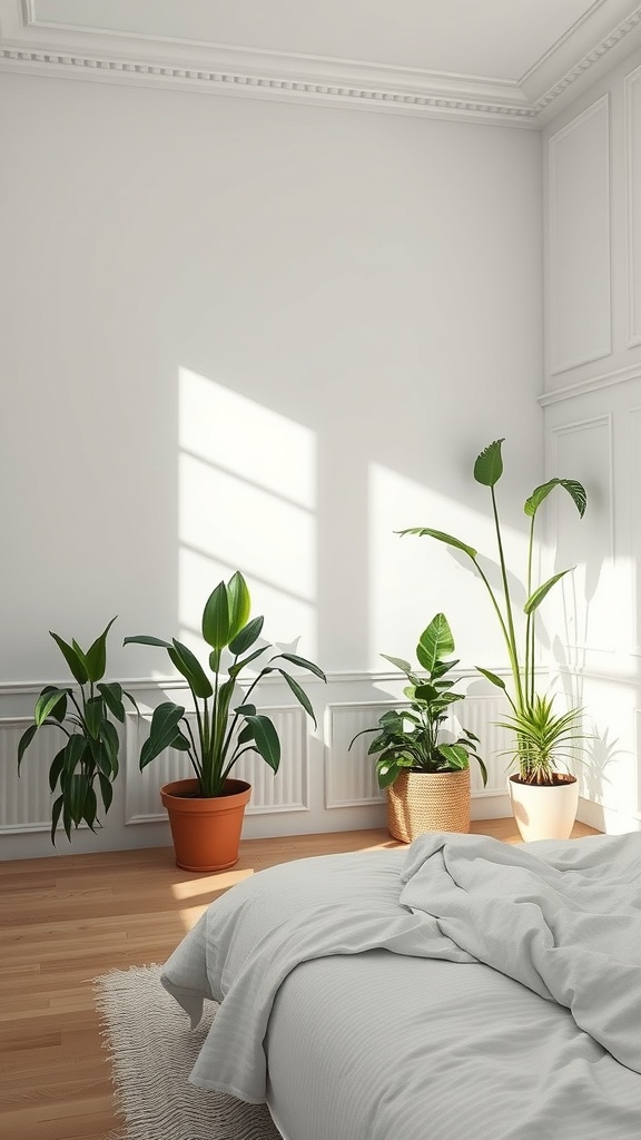 A cozy minimalist bedroom featuring several indoor plants near a bed, with sunlight streaming in.