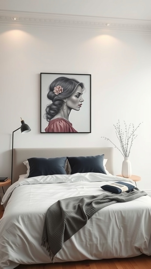 A cozy minimalist bedroom featuring a framed portrait of a woman, with soft bedding and a modern lamp.