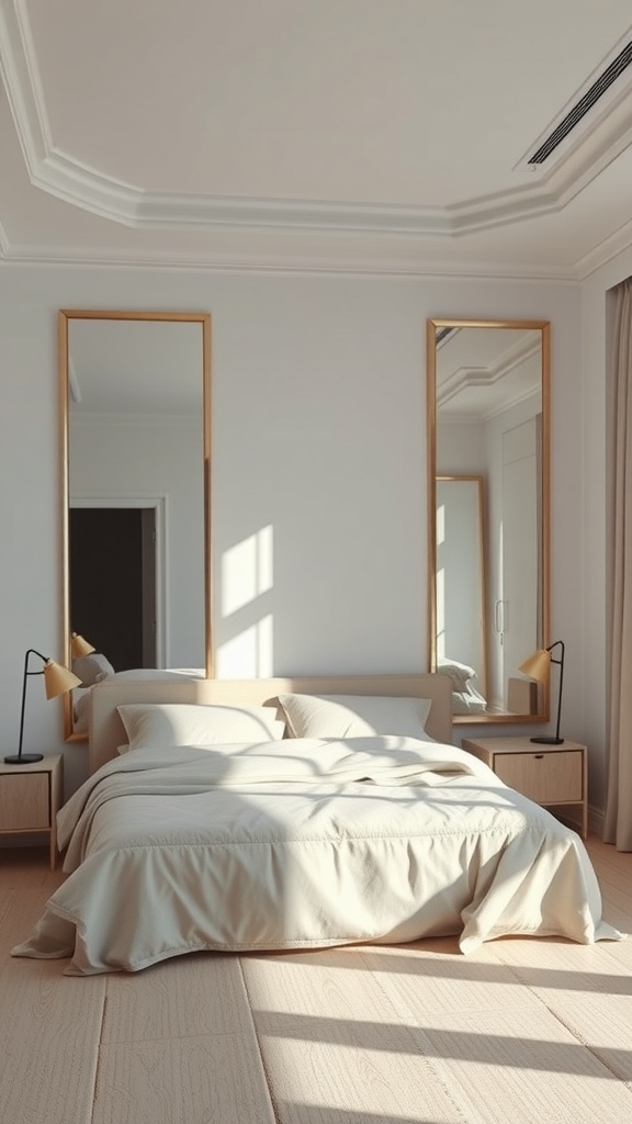 A cozy minimalist bedroom featuring two tall mirrors with gold frames, a simple bed with beige bedding, and soft lighting.