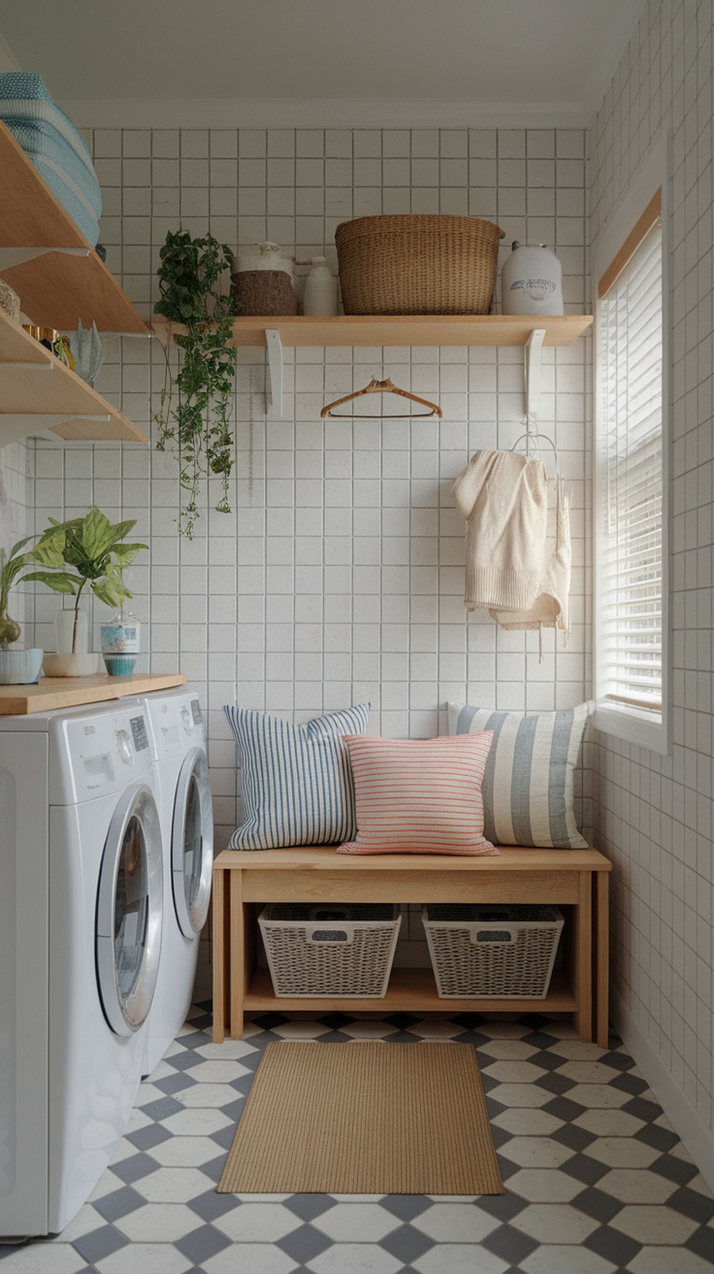 A small laundry room featuring a bench with pillows, open shelving, and a bright window.