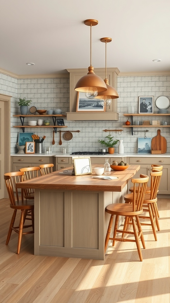 A cozy kitchen with a wooden island dining table surrounded by chairs, featuring decorative items and warm lighting.