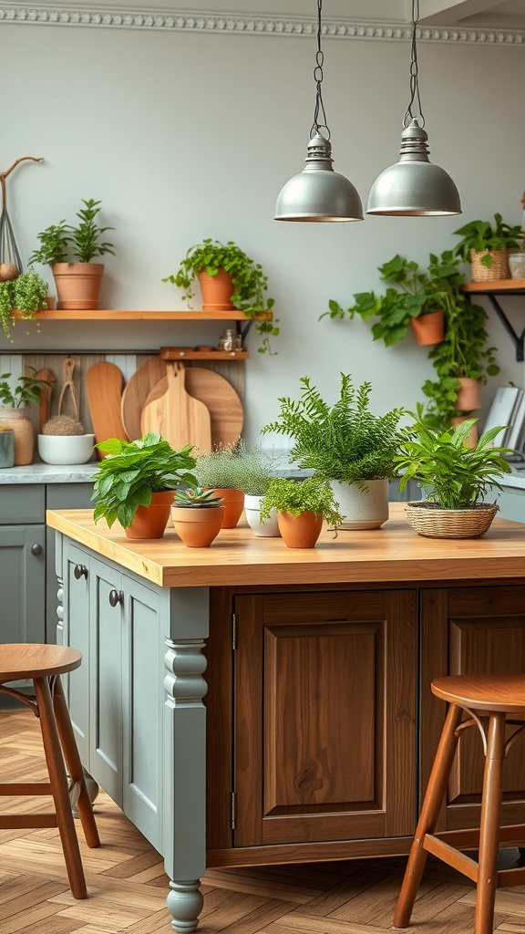 A kitchen island dining table adorned with various potted plants, creating a fresh and inviting atmosphere.