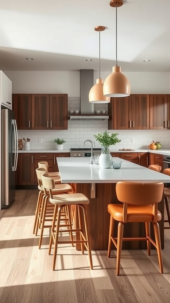 A modern kitchen featuring a kitchen island dining table with bar stools and a chair.