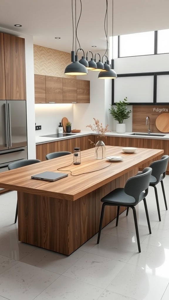 Modern kitchen with a wooden island dining table, stylish chairs, and pendant lighting.