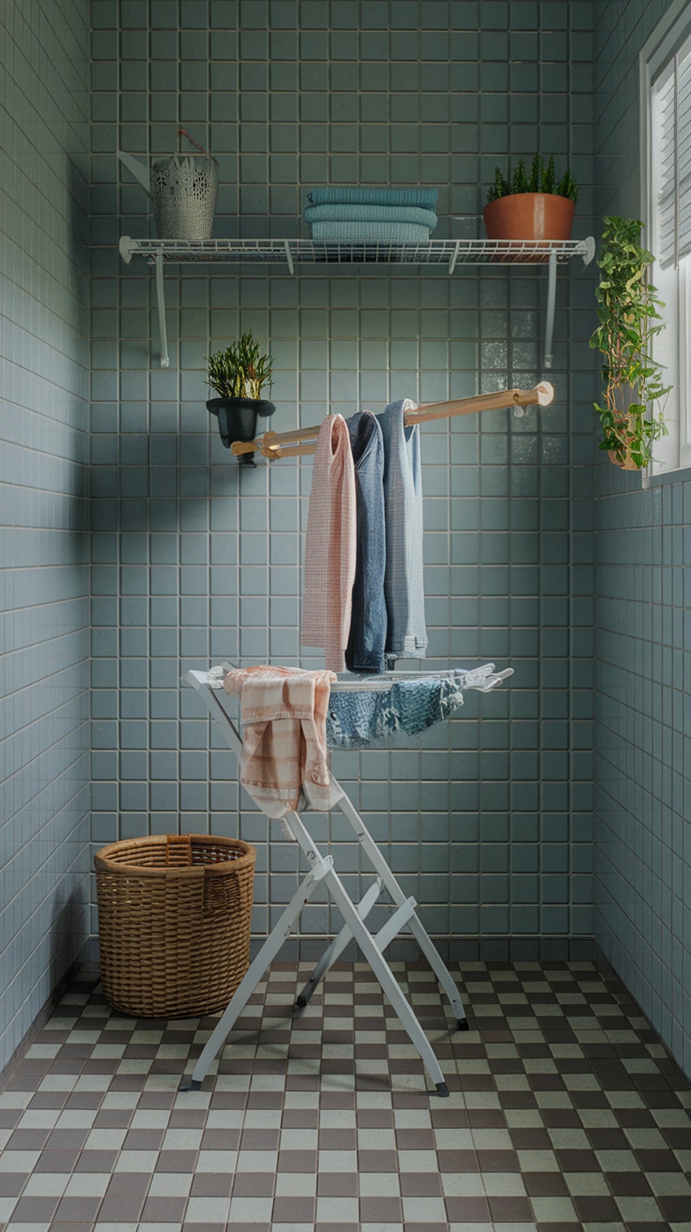 A small laundry room with a drying rack, towels hanging, and a wicker basket.