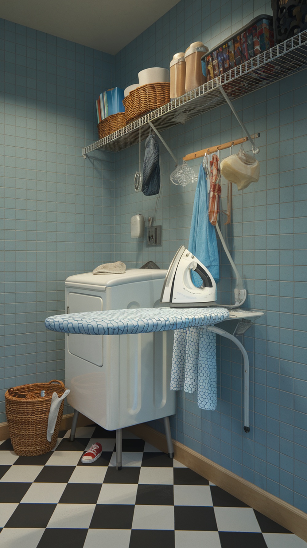 A small laundry room featuring a wall-mounted ironing board, washer, and organized shelves.