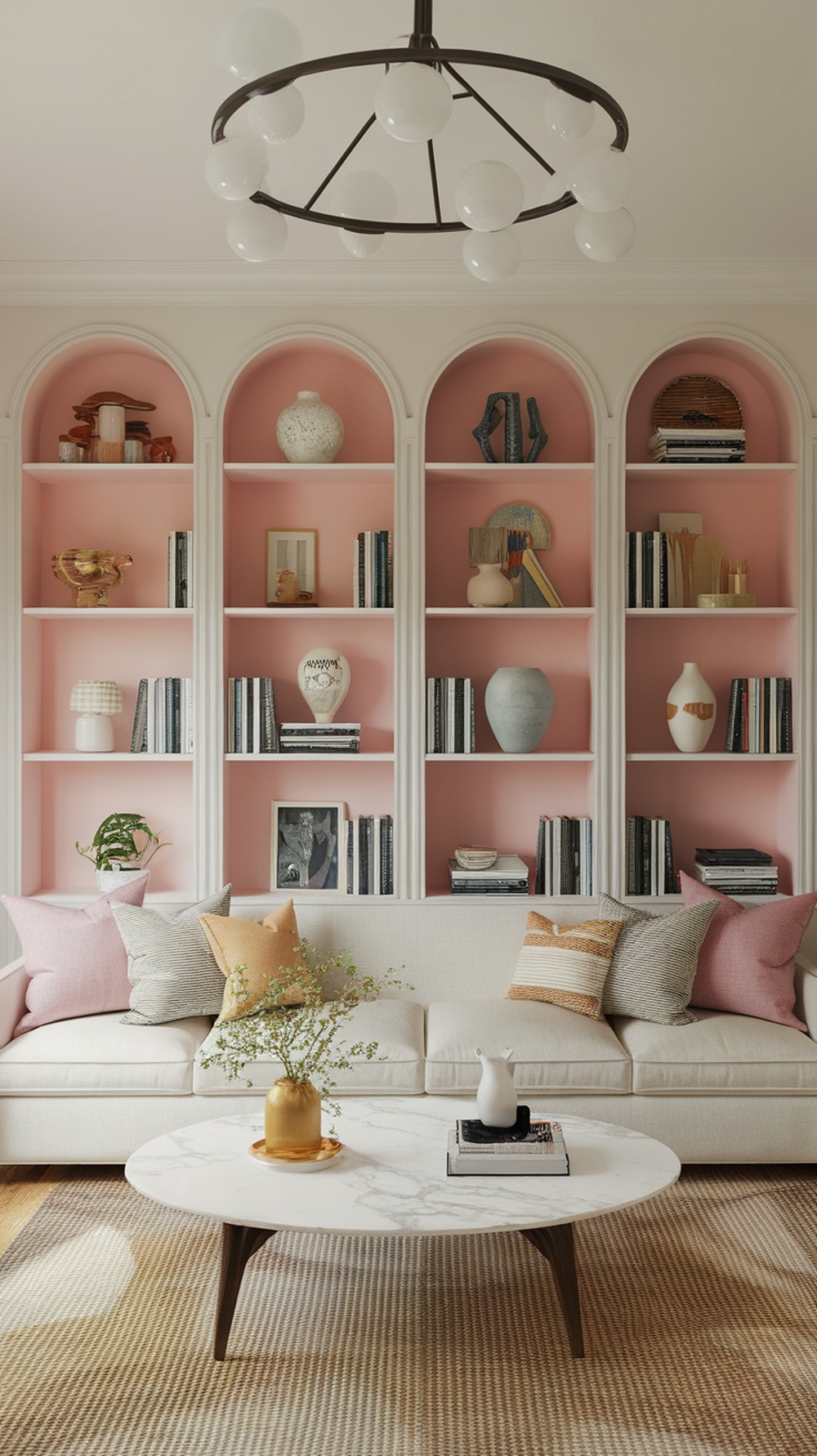 A stylish living room with built-in shelves featuring a pink backdrop, decorative items, and a cozy sofa.