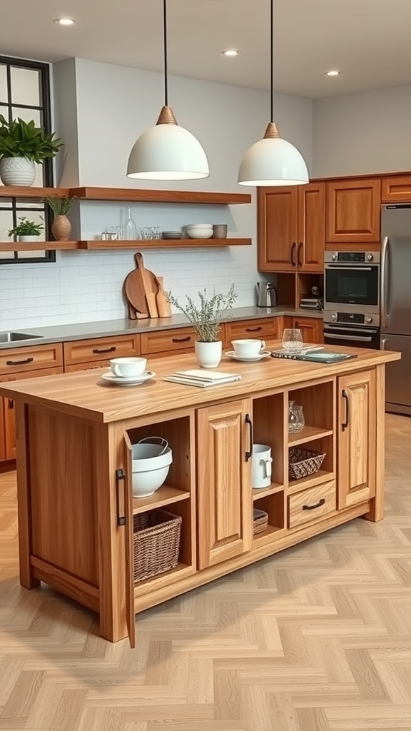 A wooden kitchen island dining table with storage options, featuring open shelves and cabinets.