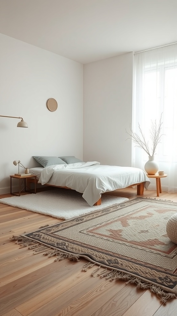 A minimalist bedroom with layered rugs, featuring a larger neutral rug and a smaller patterned rug, creating a cozy atmosphere.