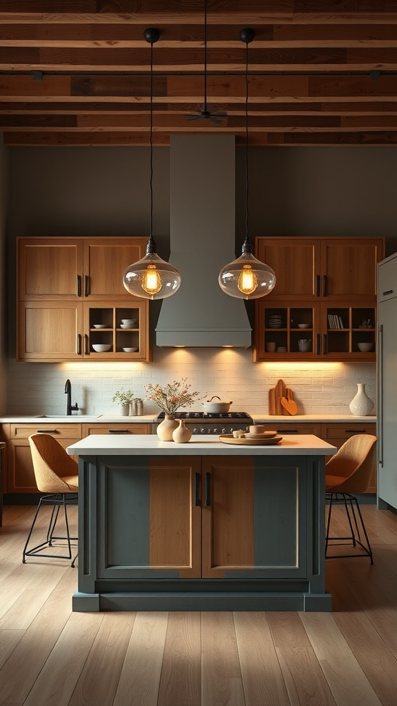 Stylish kitchen island with pendant lights above, showcasing a modern design.