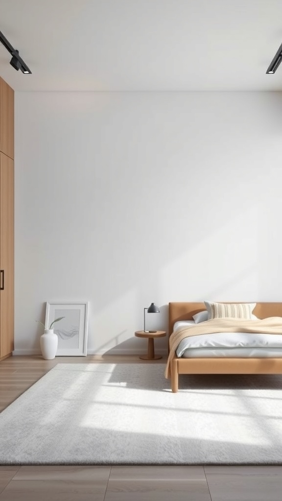 A minimalist bedroom featuring a low-profile bed with light wood tones, a cozy rug, and simple decor.