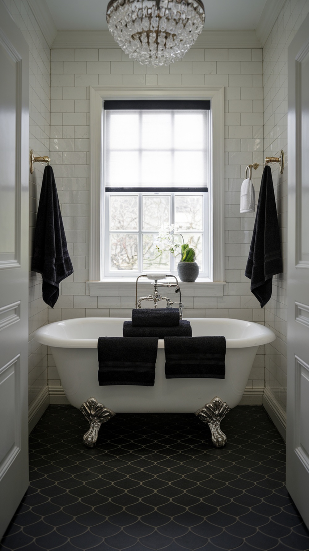 Luxurious black towels in a stylish black and white bathroom with a clawfoot tub and elegant decor.