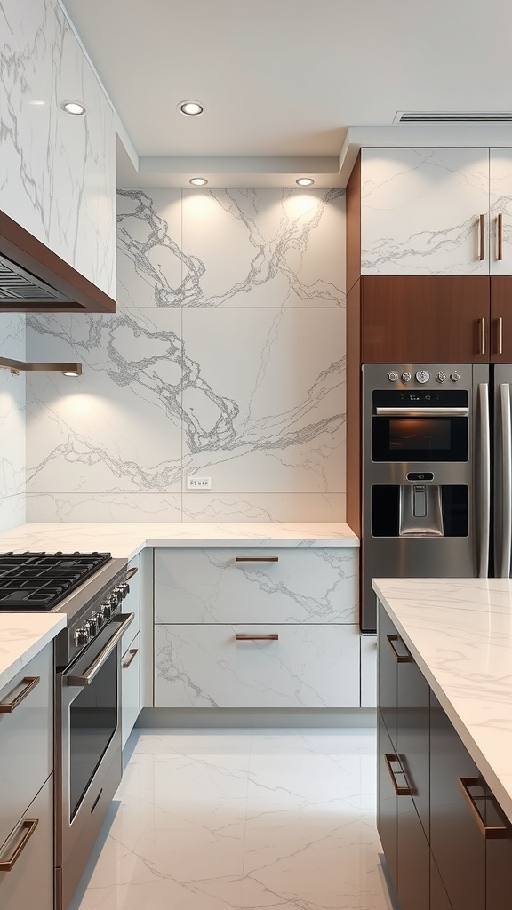 A modern kitchen featuring a luxurious marble backsplash with brown cabinets.