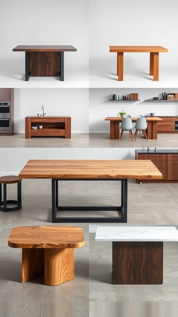 Various kitchen island dining tables made from wood, metal, and stone.