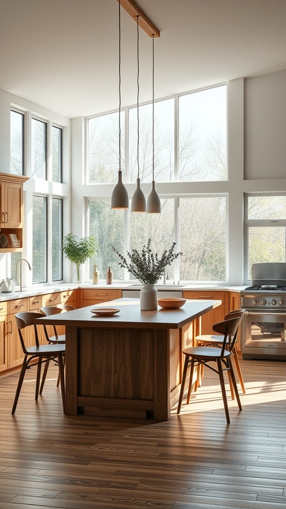 Bright kitchen with large windows and a wooden kitchen island dining table