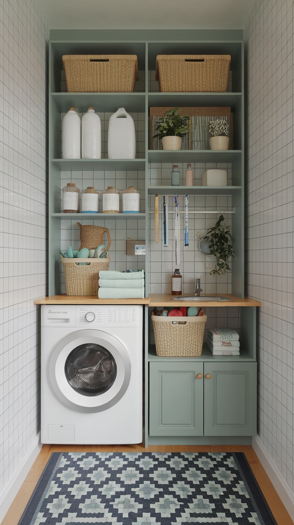 A small laundry room with shelves, a washing machine, and organized storage.