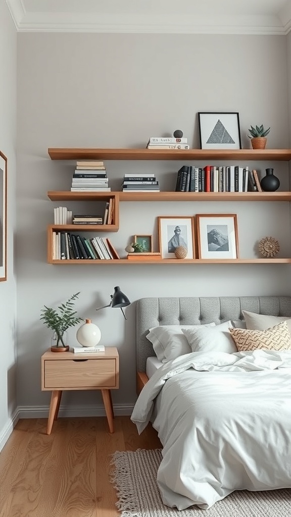 A cozy minimalist bedroom featuring wooden shelving with books and decor.