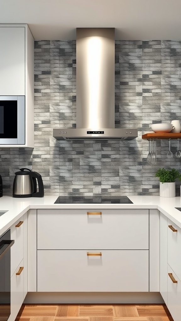 A modern kitchen with a metallic backsplash, white cabinets, and a sleek design.