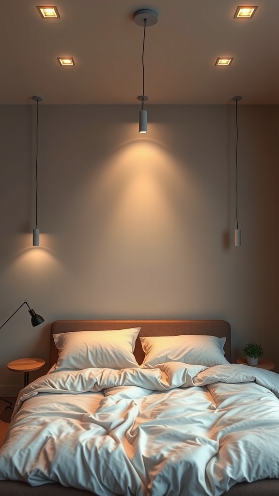 A minimalist bedroom with sleek lighting fixtures creating a warm atmosphere.