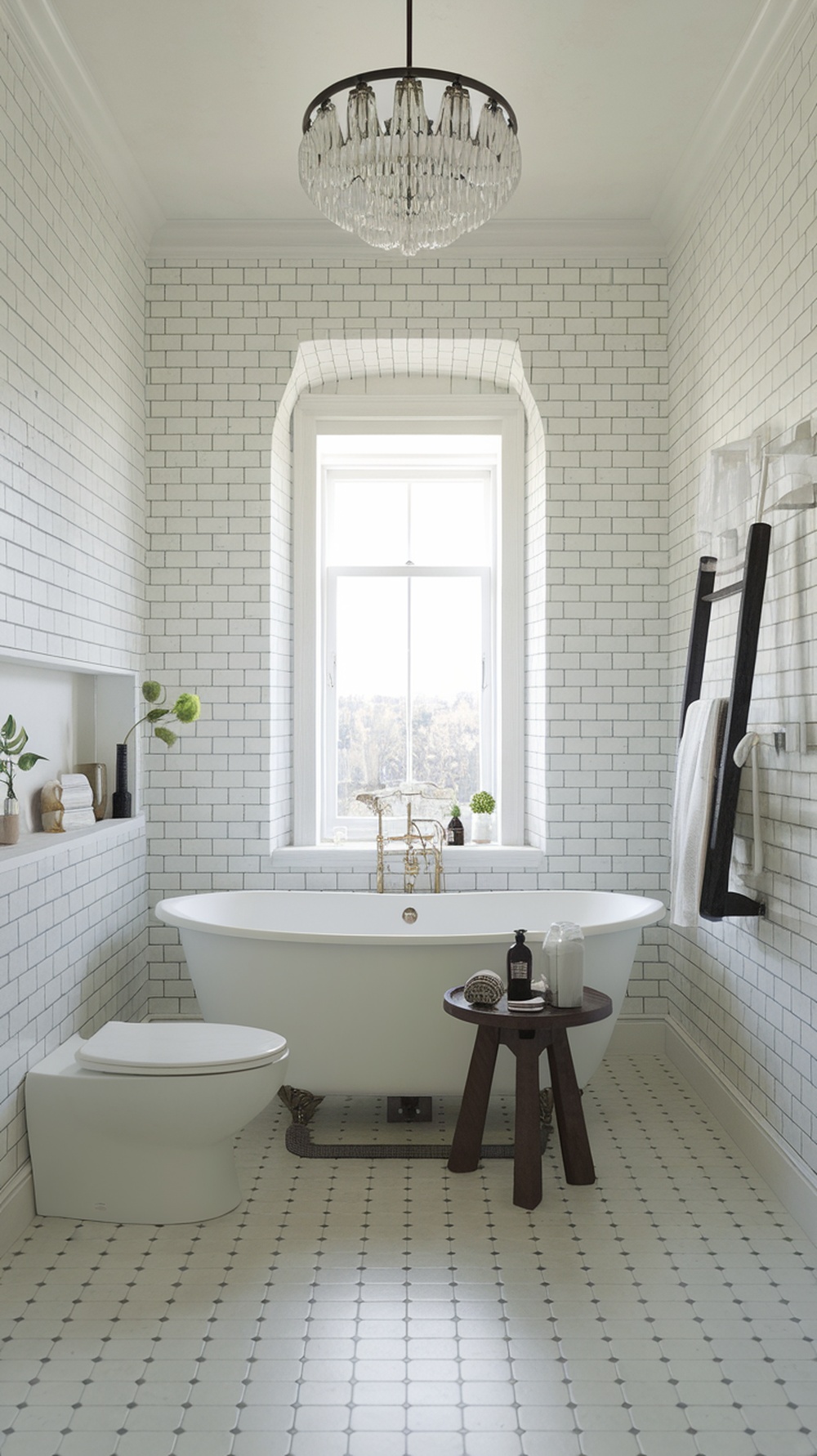A minimalist white bathroom featuring a freestanding bathtub, white tiled walls, and a chandelier.