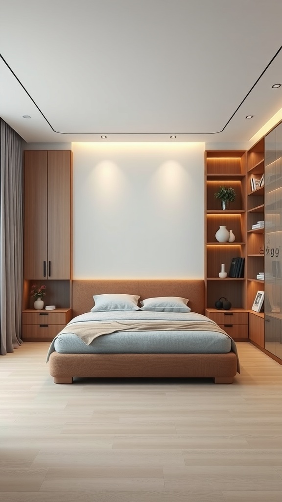 A modern minimalist bedroom featuring a bed, built-in storage, and warm wood tones.