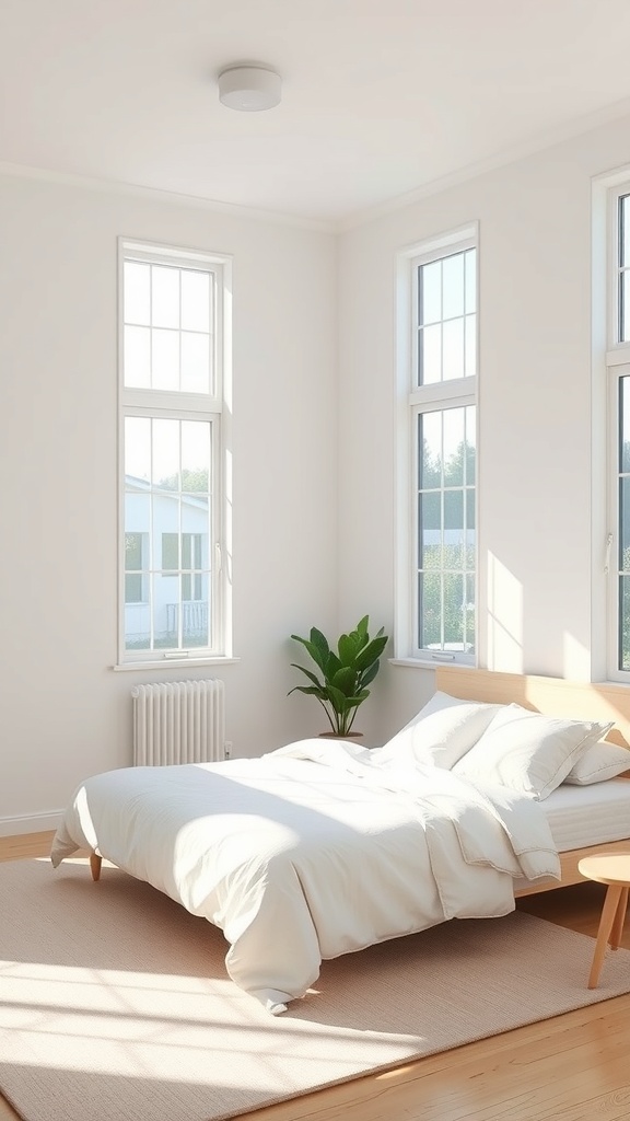 A bright and airy minimalist bedroom with large windows, a cozy bed, and a plant.