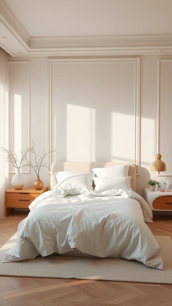 A serene minimalist bedroom with neutral colors, featuring a bed with white linens, wooden furniture, and soft natural light.