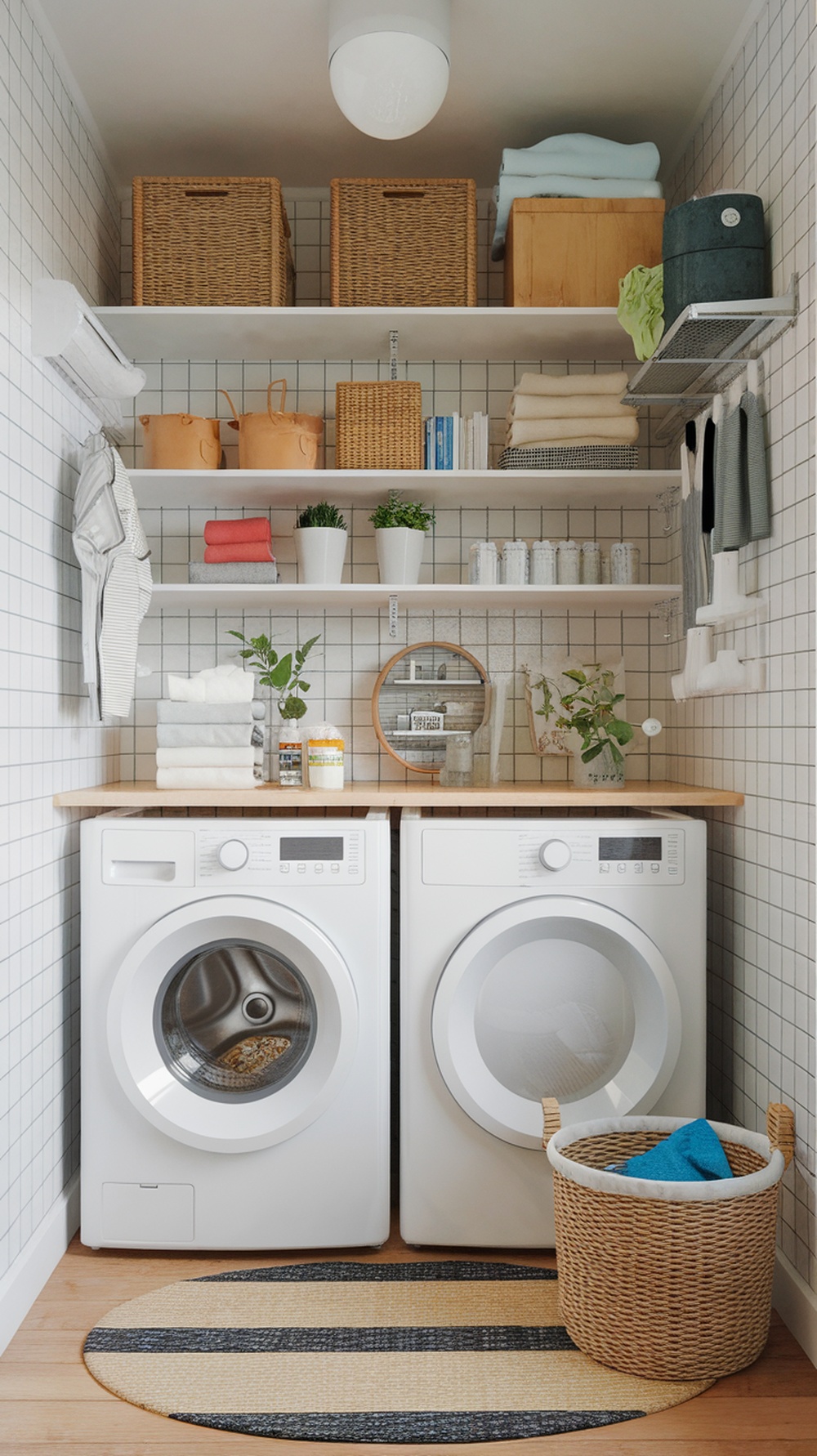 A small laundry room featuring a washer and dryer, shelves with storage baskets, and a countertop for folding clothes.