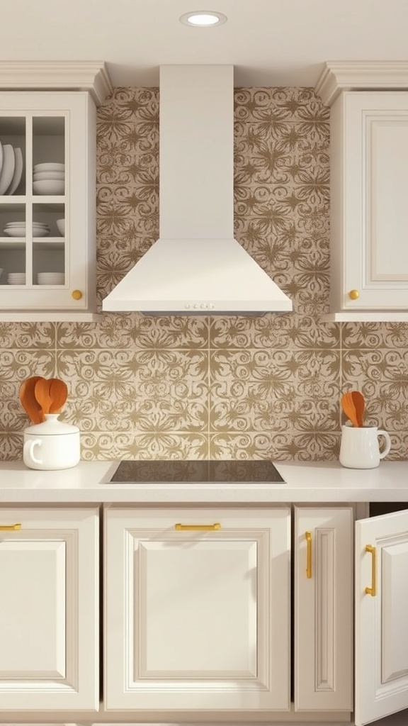 A kitchen with a patterned vinyl sticker backsplash, featuring warm tones and a modern design.