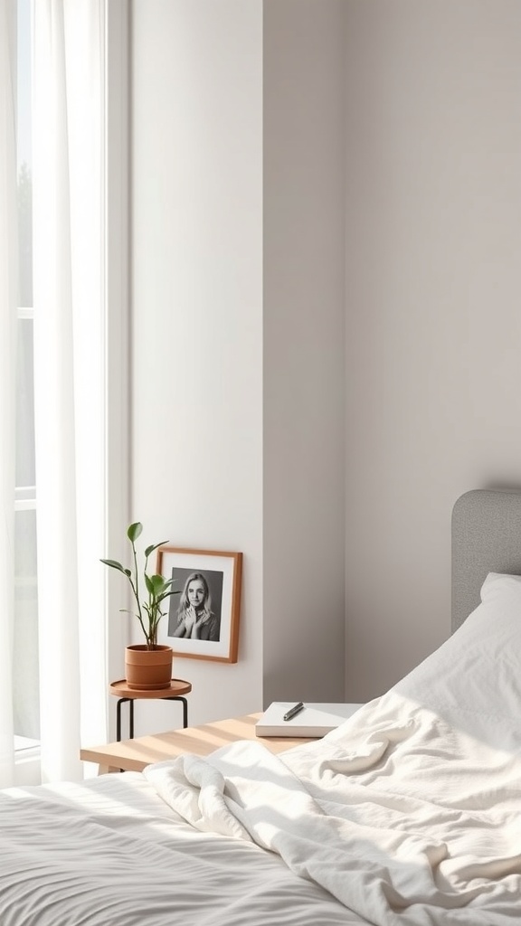 A cozy minimalist bedroom with a potted plant, a framed photo, and a neatly made bed.