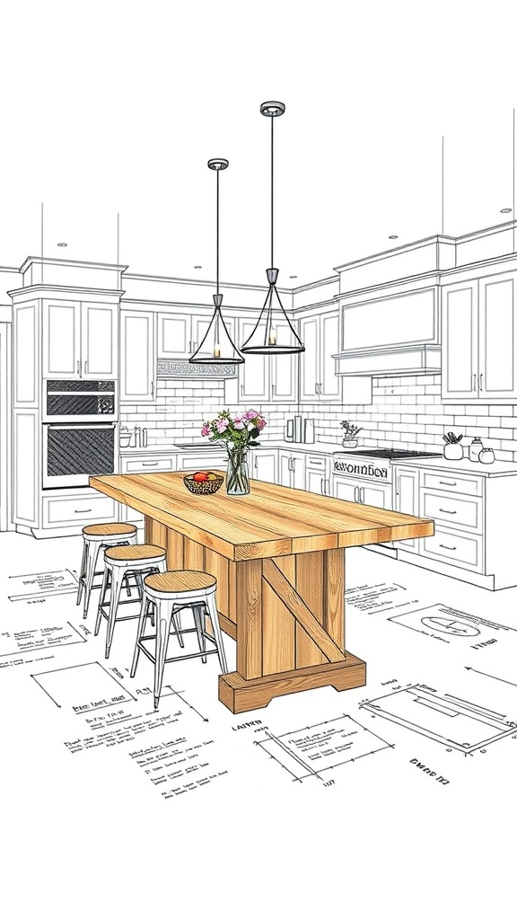 A sketch of a kitchen featuring a wooden island dining table with stools, surrounded by kitchen cabinets and appliances.