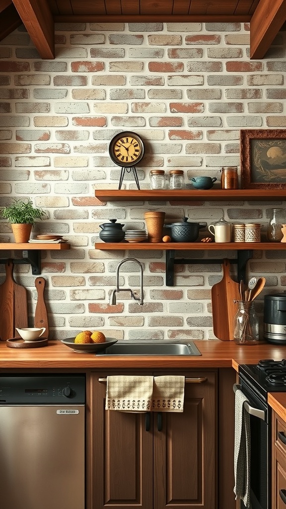 A rustic kitchen with a brick backsplash, wooden shelves, and brown cabinets.