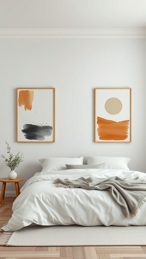 A modern minimalist bedroom featuring simple wall art with abstract designs in orange and black.