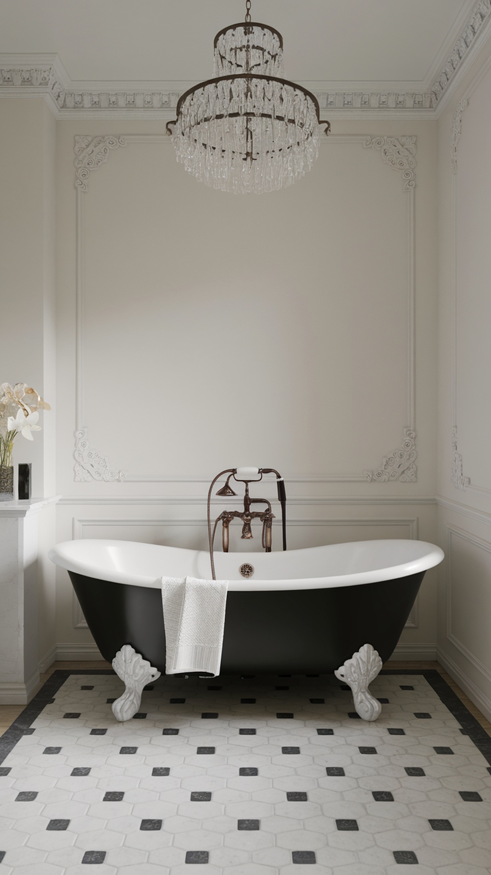 A sleek black bathtub with a white interior, ornate feet, and a chandelier above in a modern bathroom setting.